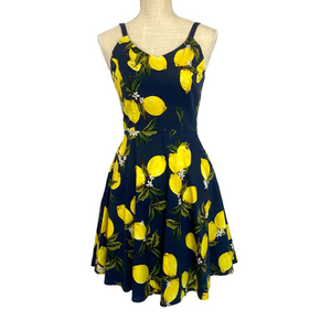 Lemon Print Navy Dress Mini Women's M Goobsgs Fit & Flare Spaghetti Straps Retro